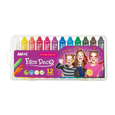 Amos Face Deco Facepaint Set with 12 vibrant, safe colors for creative face and body painting adventures.