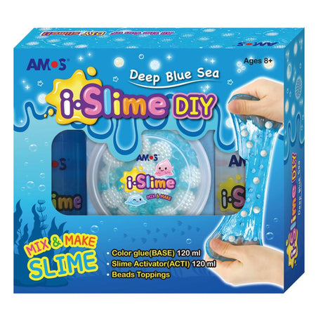 Amos i.Slime DIY kit with vibrant blue glue and ocean-themed beads for creative slime-making fun.