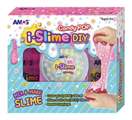 DIY slime kit with vibrant colors, candy-themed beads, and non-toxic materials for creative fun and skill development.