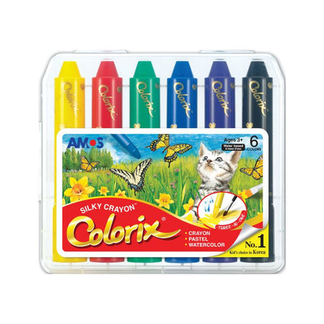Amos Colorix Silky Crayon Pack of 6 features vibrant, blendable colors for crayon, pastel, and watercolor use.