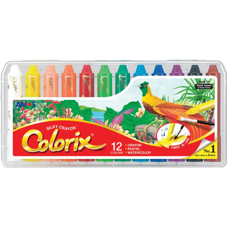 Amos Colorix Silky Crayon pack of 12, featuring richly pigmented colors for versatile art creation and effortless blending.