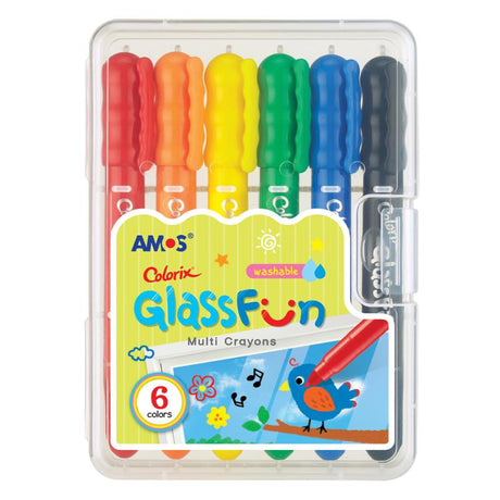 Amos Colorix Glass Fun Multi Crayons pack, featuring 6 vibrant non-toxic colors for creative surfaces like glass and mirrors.