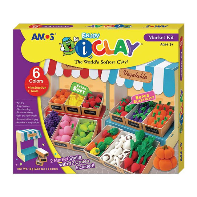 Amos i-Clay Modelling Clay Kit with 6 vibrant 18g pieces and 12 fruit crates for creative sculpture projects.