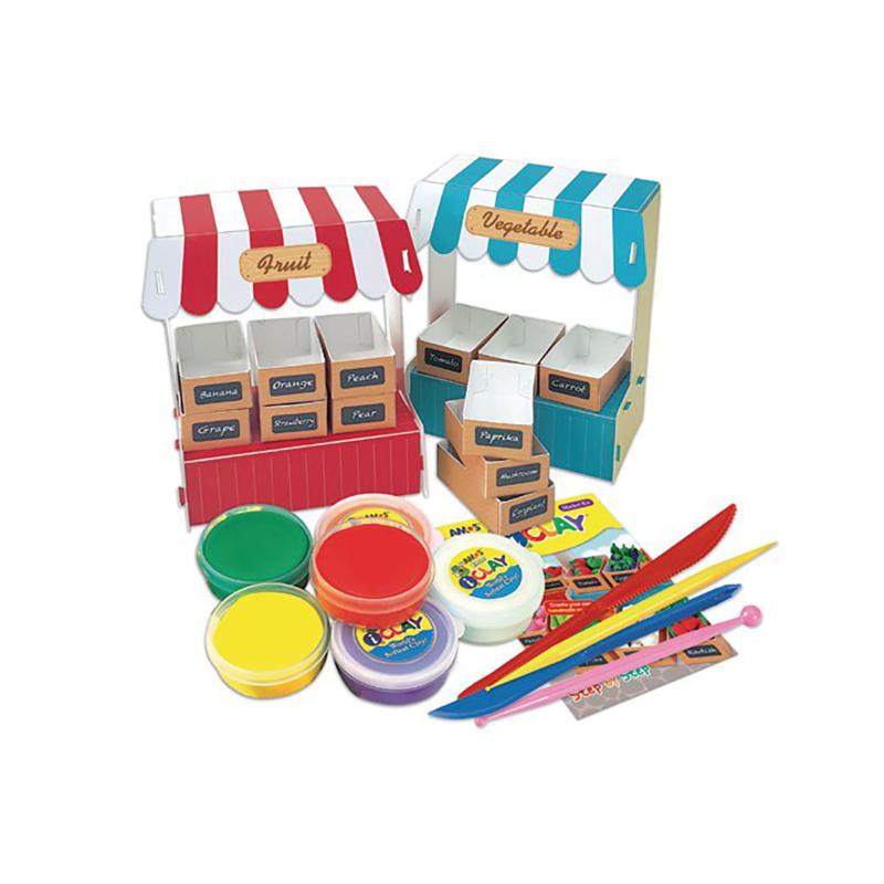 Amos i-Clay Modelling Clay Kit with 6 vibrant air-dry clay pieces and 12 crates for fruit and vegetable creations.