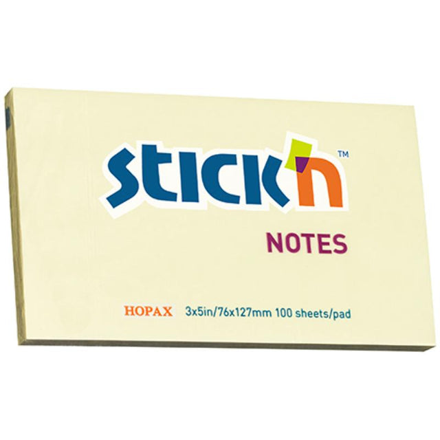 Bright yellow self-adhesive sticky note pad, 76x127mm, 100 sheets for effective note-taking and organization.