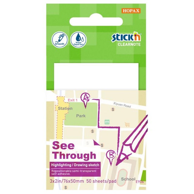 Semi-transparent self-adhesive sticky notes, 76x51mm, 50 sheets, perfect for reminders without hiding underlying text.