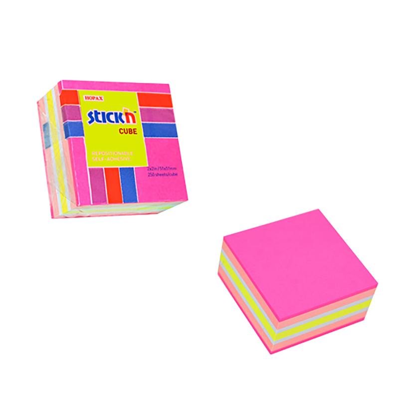 Colorful Stick'n Note Cube with 250 sticky sheets in neon and pastel, perfect for notes and organization.