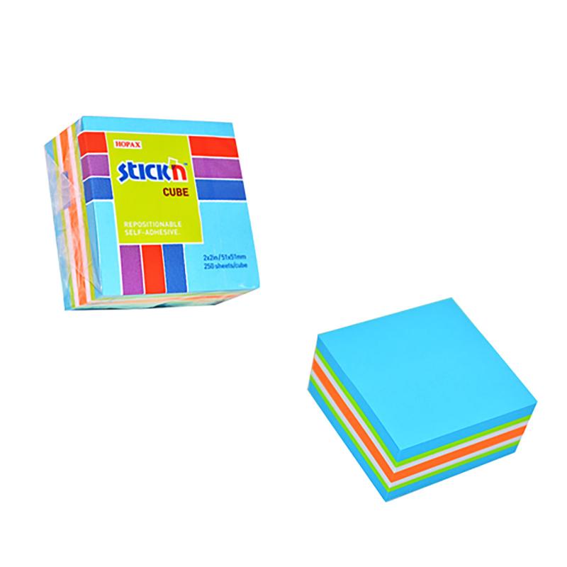 Vibrant Stick'n Note Cube with 250 neon and pastel sticky notes, perfect for reminders and organizing tasks.