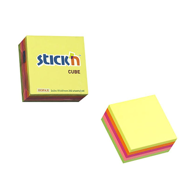 Vibrant Stick'n Note Cube with 250 self-adhesive neon sheets for organizing thoughts and tasks easily.