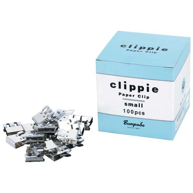 Clippie Paper Clip Slide Small Box of 100, stylish silver metal clips for organizing documents effortlessly.