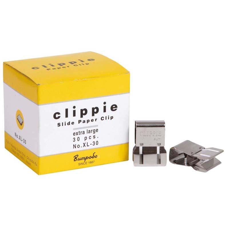 Extra-large silver metal Clippie paper clips, box of 30, perfect for securing thick documents with a sliding design.