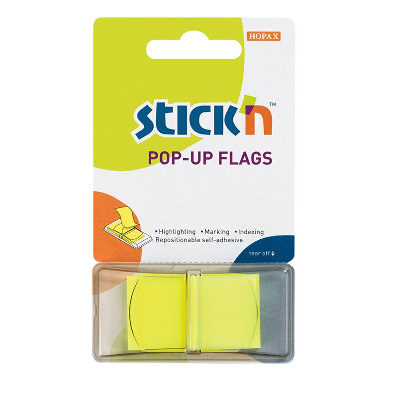 Vibrant yellow neon adhesive flags for organizing notes and marking priorities, 45x25mm, 50 sheets.