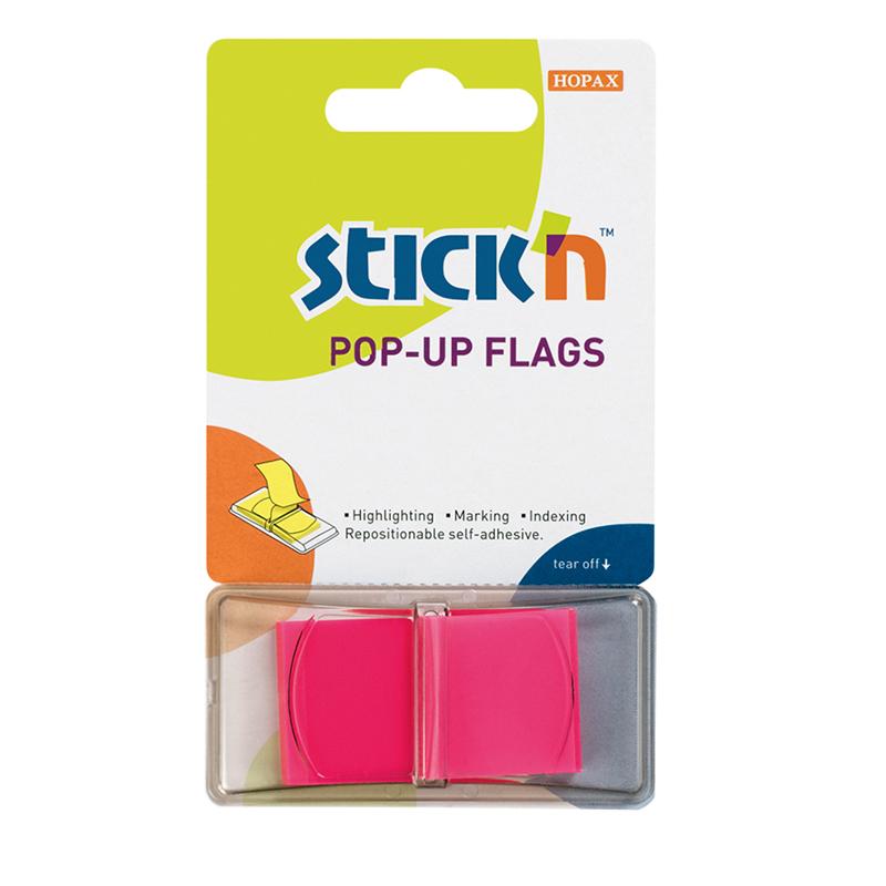 Bright pink neon sticky flags, 45x25mm, ideal for marking notes without covering text, pack of 50 sheets.