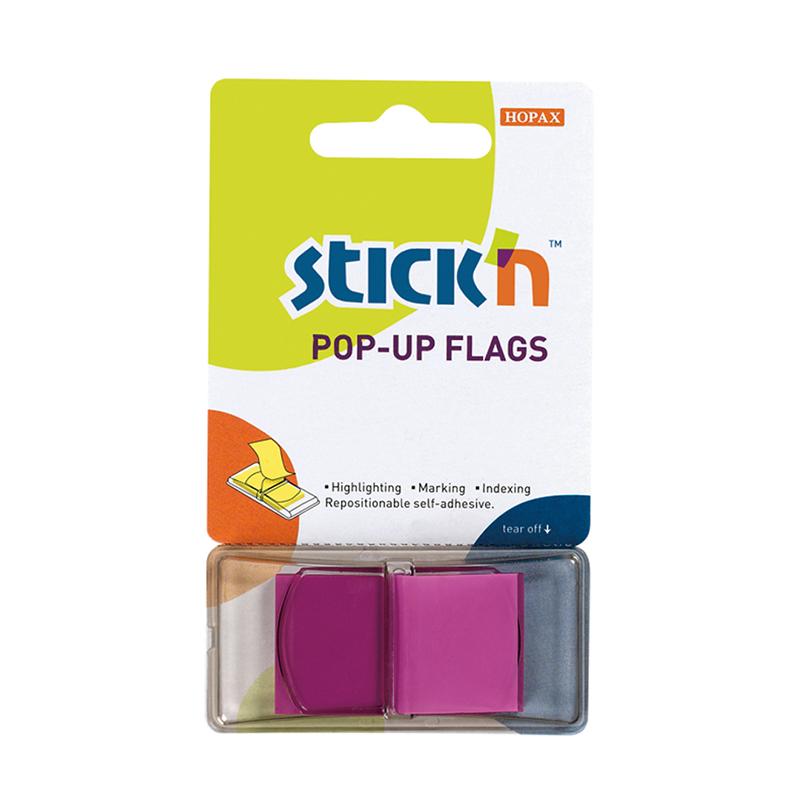 Purple neon sticky flags for organizing documents, 45x25mm, 50 sheets, easy to use and remove without residue.