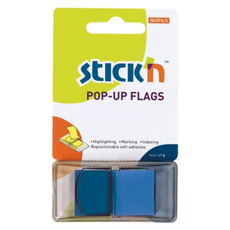 Vibrant blue neon sticky flags for easy document organization, 50 sheets, 45x25mm, reusable without damage.