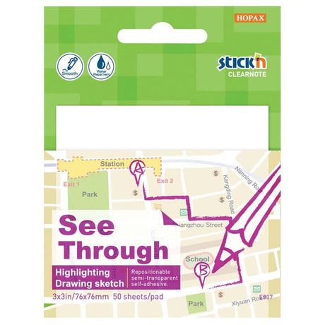 Stickn Clearnote White transparent sticky notes, 76x76mm, 50 sheets for easy organization without residue.