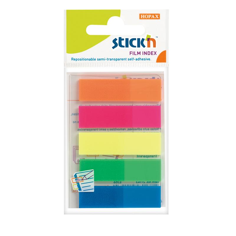 Vibrant neon Stick'n Film Index Flags in 5 colors for efficient document marking without obscuring text. 125 flags included.