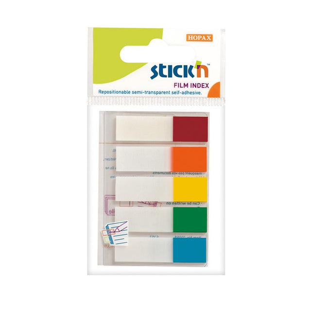 Stick'n Film Index Flags in neon colors, 45x12mm, perfect for organizing notes and documents with transparent clarity.