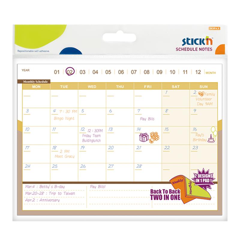 Stick'n Schedule D/S Notes pad with dual-sided design for monthly and weekly planning, featuring 40 repositionable sheets.