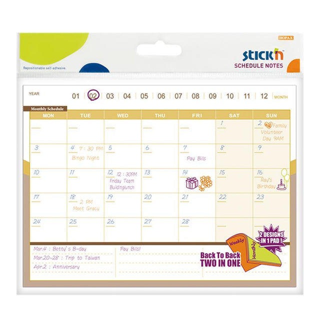 Stick'n Schedule D/S Notes pad with dual-sided design for monthly and weekly planning, featuring 40 repositionable sheets.