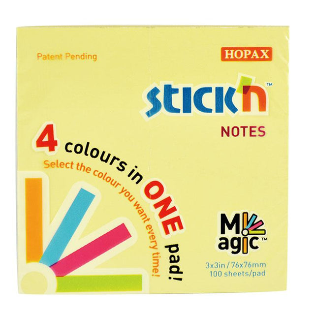 Pastel sticky notes in a magic pad, 76x76mm, 100 sheets, ideal for organizing ideas and reminders.