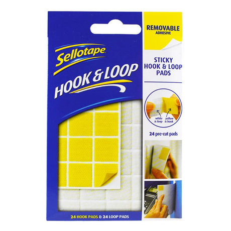 Sellotape removable hook and loop pads, 20mm, 24-pack for easy, reusable attachment in DIY projects.