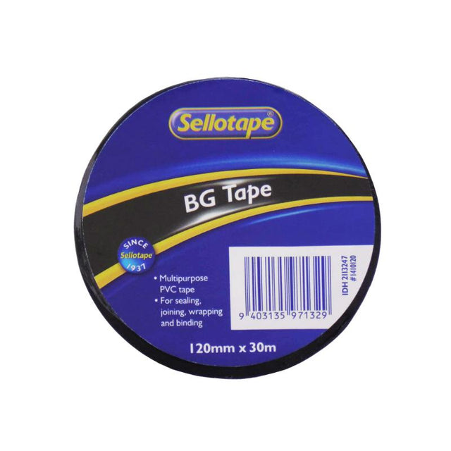 Sellotape 1410 BG Black Tape, 120mm x 30m, ideal for sealing and wrapping with strong, durable adhesive.