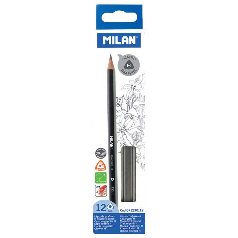 Milan Graphite Pencils H Pack of 12, triangular shape for ergonomics, hard H lead for precision and durability.