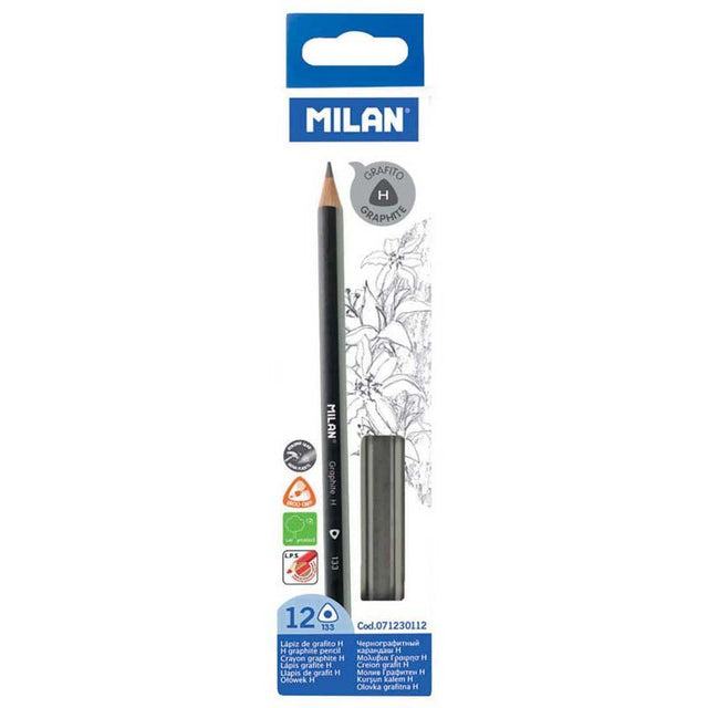 Milan Graphite Pencils H Pack of 12, triangular shape for ergonomics, hard H lead for precision and durability.