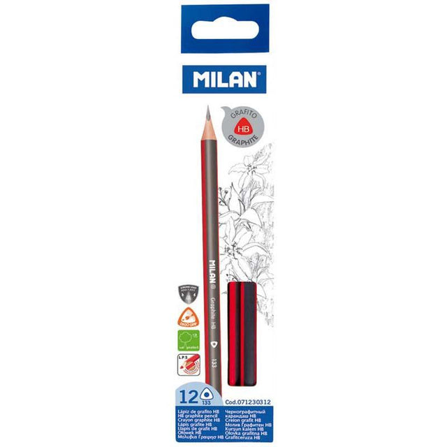 Milan Graphite Pencils HB Pack of 12 in triangular shape for ergonomic grip and smooth writing, ideal for artists and students.