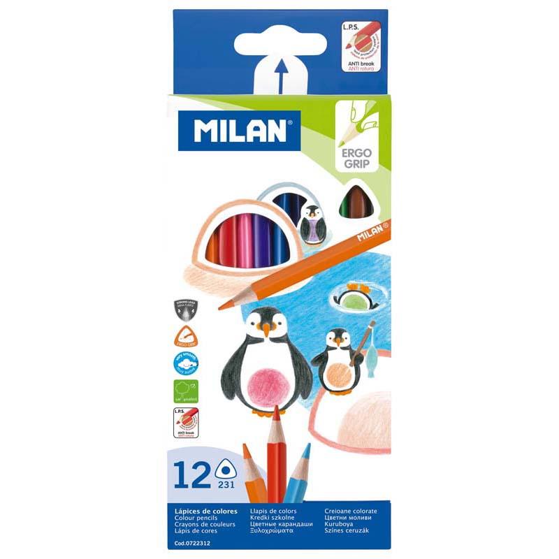 Milan Triangular Pack: 12 vibrant colored pencils with ergonomic grip and durable, break-resistant leads.