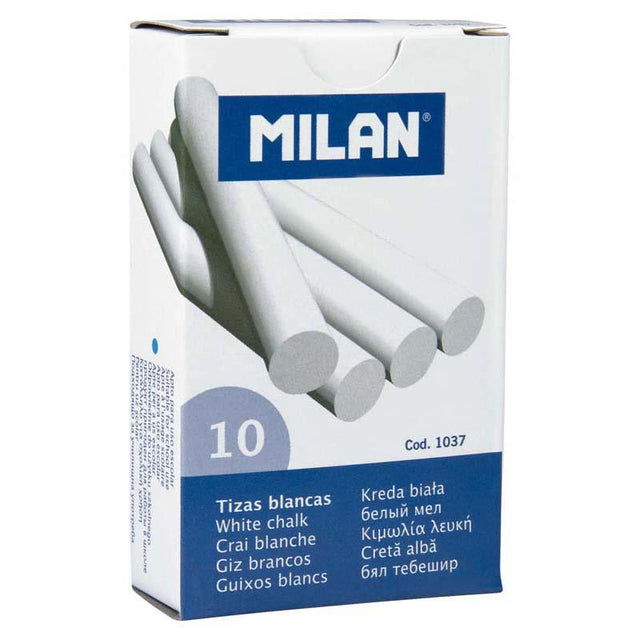 Milan Chalk White Pack 10 featuring 10 pieces of pure calcium carbonate chalk for smooth, vibrant writing and drawing.