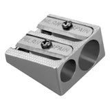 Milan Aluminium Double Hole Pencil Sharpener for standard and jumbo pencils, featuring durable design and precision blades.