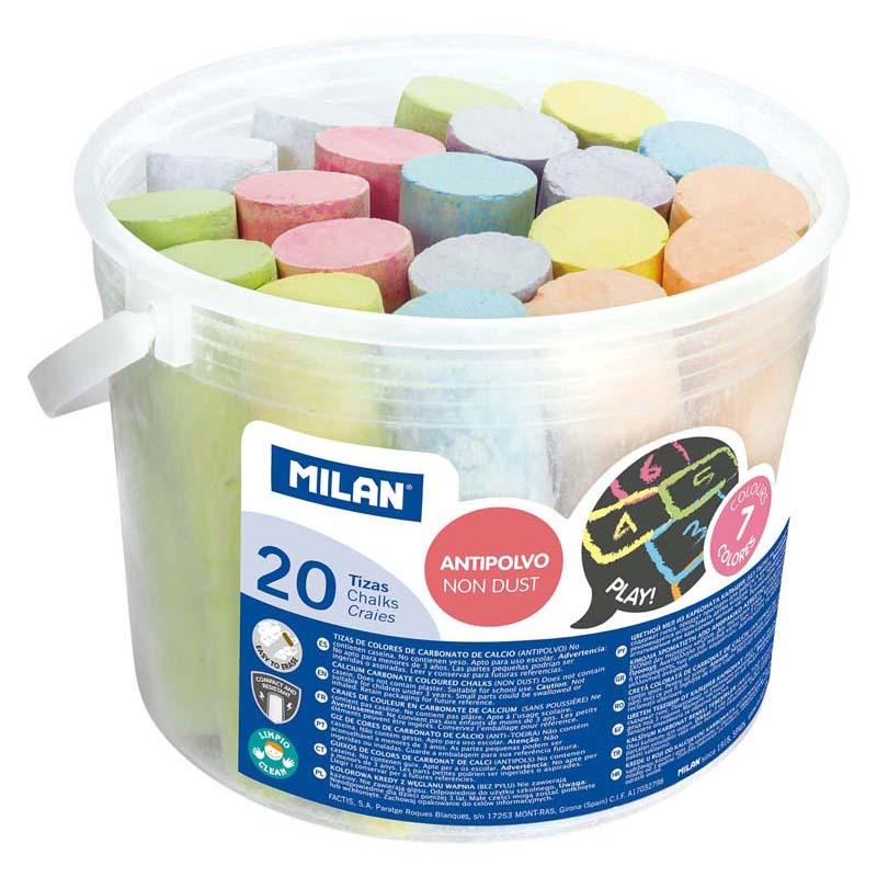 Milan Non Dust Maxi Chalk Bucket with classic white and vibrant colored chalk for mess-free classrooms and art projects.