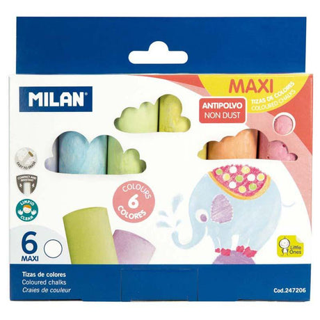 Milan Non Dust Maxi Chalk Pack 6 features six vibrant dust-free chalks for mess-free creative teaching and art.