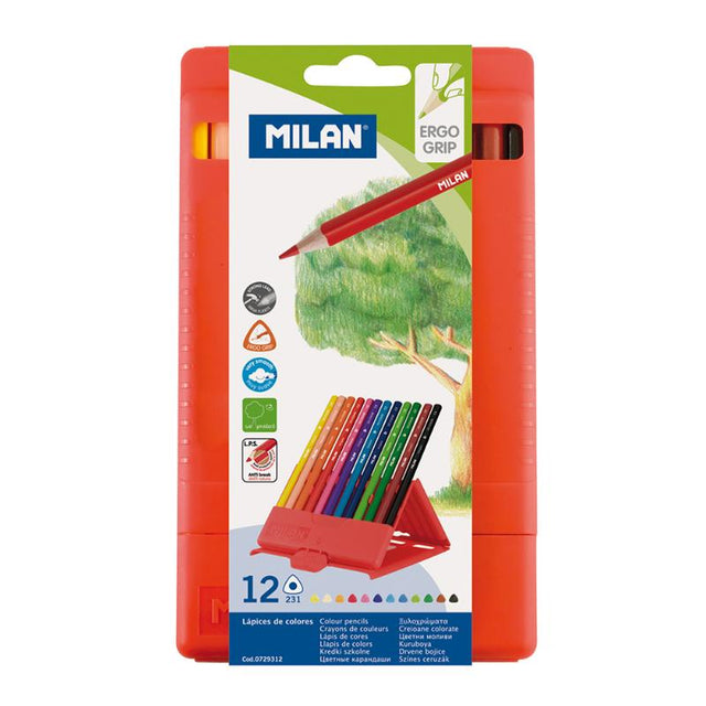 Milan Flexibox triangular pack of 12 vibrant coloured pencils, designed for comfort and precision in artistic expression.