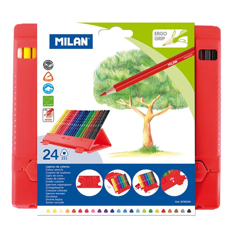 Milan Flexibox Triangular Colored Pencils, 24 vibrant colors for comfortable grip and durable, detailed artwork.