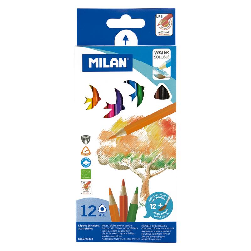 Milan Water Soluble Coloured Pencils Triangular Pack 12 Assorted Colours