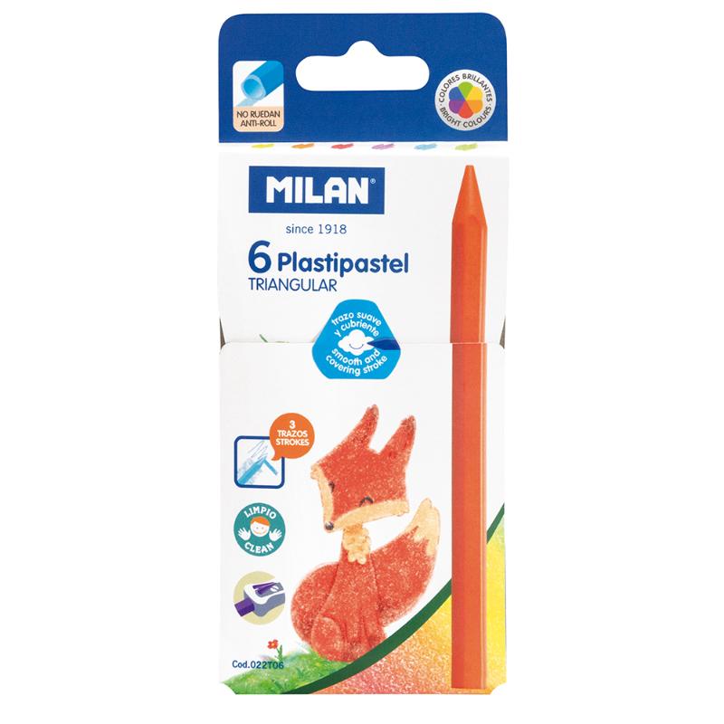 Milan Plastipastel triangular crayons in 6 vibrant colors, perfect for young artists to enhance creativity and fine motor skills.