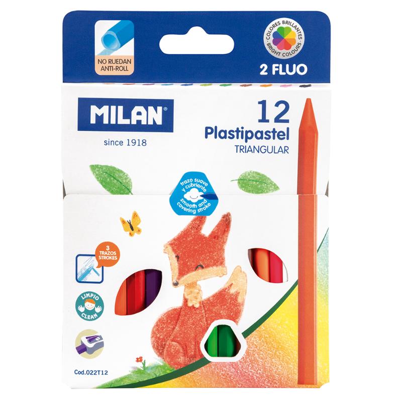 Milan Plastipastel Triangular crayons in 12 vibrant colors, designed for comfortable handling and creative expression for kids.