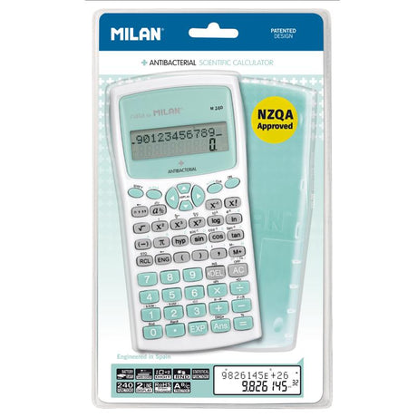 Milan M240 Antibacterial Scientific Calculator in turquoise, featuring antibacterial properties and ergonomic design for hygiene and performance.