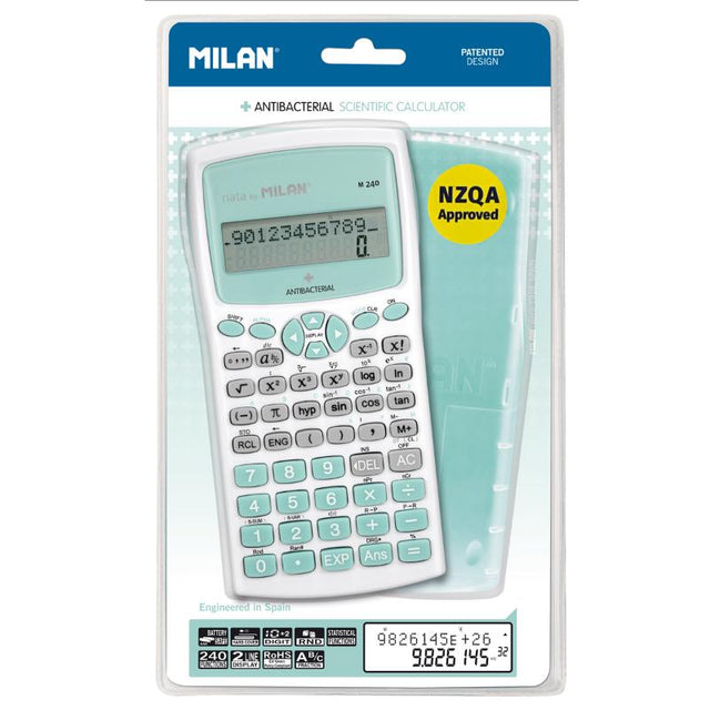 Milan M240 Antibacterial Scientific Calculator in turquoise, featuring antibacterial properties and ergonomic design for hygiene and performance.