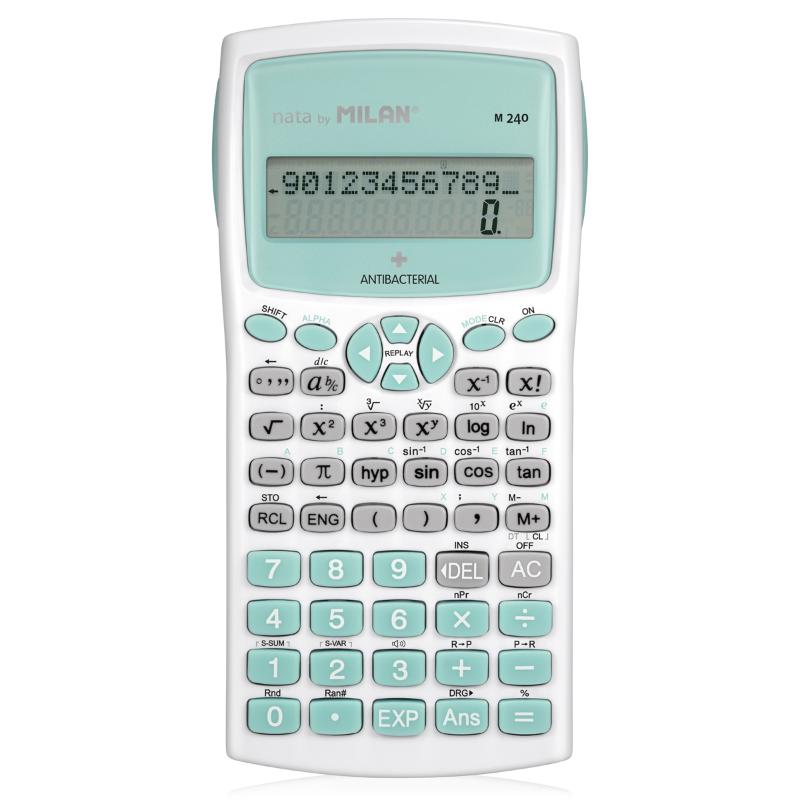 Milan M240 turquoise antibacterial scientific calculator with protective cover, designed for hygiene and high performance.