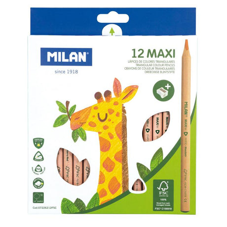 Milan Triangular Coloured Pencils Maxi Pack with 12 vibrant, eco-friendly colors for artists and students.