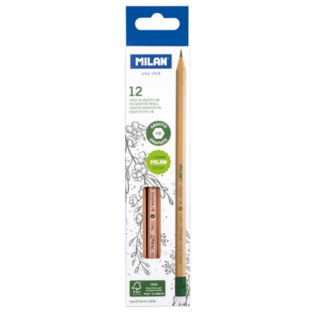 Milan HB Pencil Pack of 12 with Eraser, hexagonal shape, eco-friendly, sturdy, perfect for artists and students.