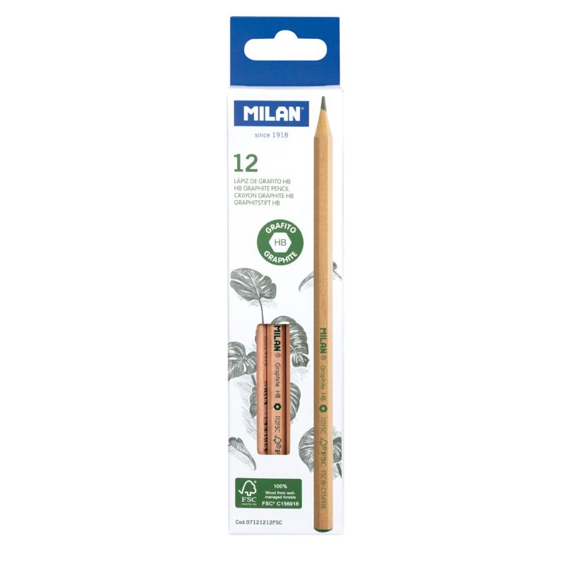 Milan HB Pencil Pack of 12 hexagonal, eco-friendly with smooth graphite, ideal for students and artists.