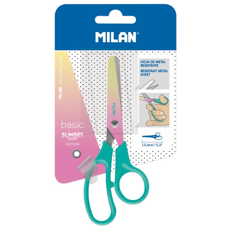 Vibrant Milan Sunset Scissors with turquoise handle, sunset gradient blades, and safe rounded tips, ideal for craft projects.