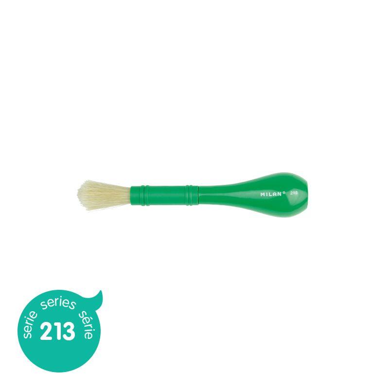 Milan 213 Series bristle brush with green plastic handle, ideal for young artists age 3+, perfect for various creative projects.