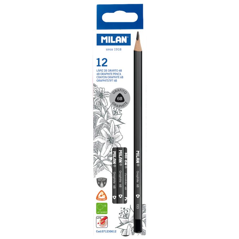 Milan Graphite Pencils 6B Pack of 12 featuring ergonomic triangular shape and soft, durable lead for artists and students.