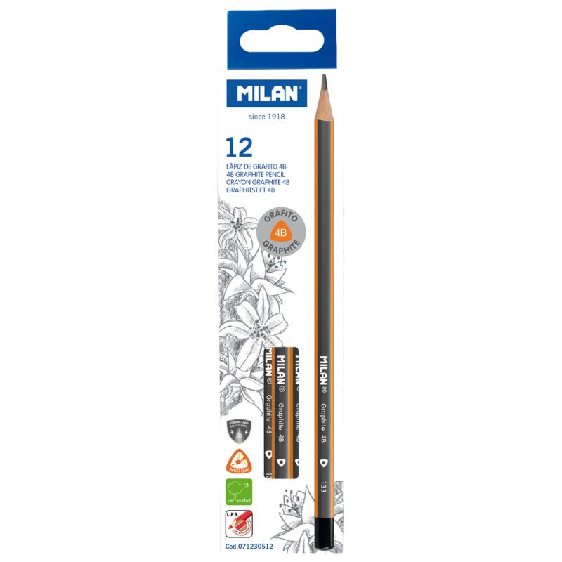 Pack of 12 Milan 4B graphite pencils with ergonomic triangular shape for comfortable drawing and enhanced lead durability.